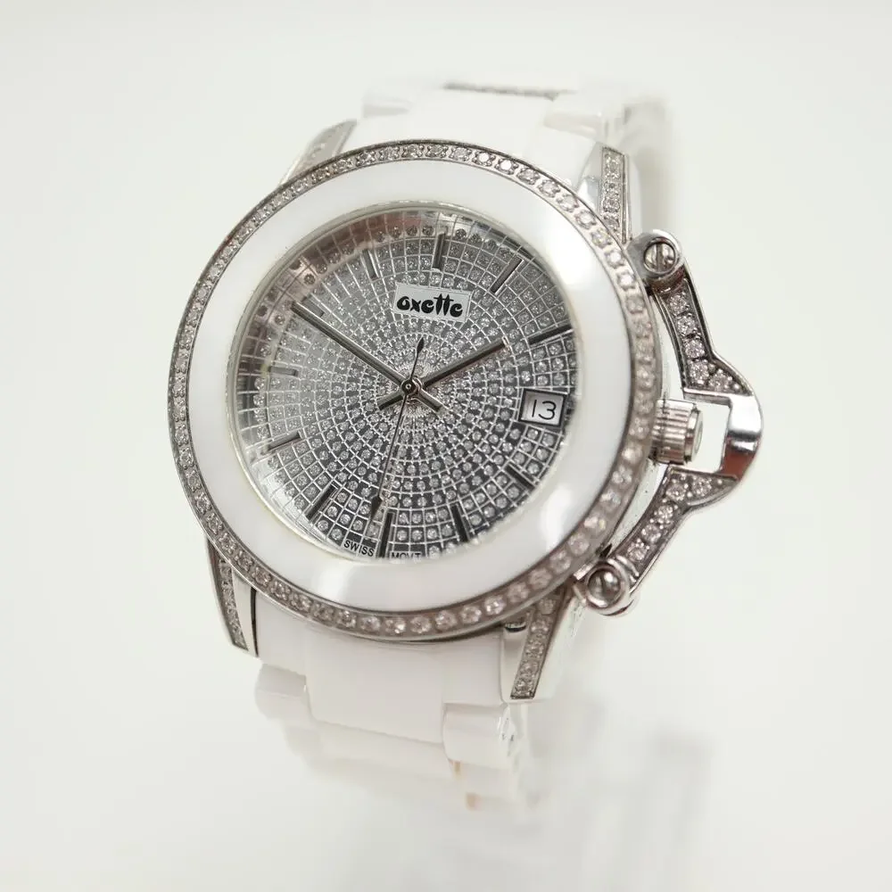 Oxette White Ceramic Pave 38mm Unisex Watch Iced Date Sapphire Coat New Battery